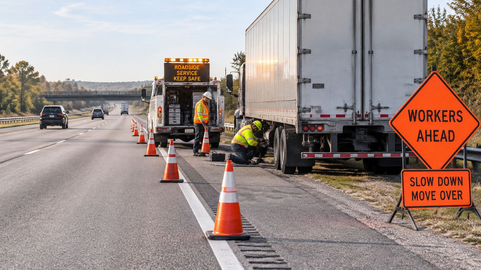 Roadside service technicians in high-visibility vests repairing a large semi-truck on the shoulder of a highway.