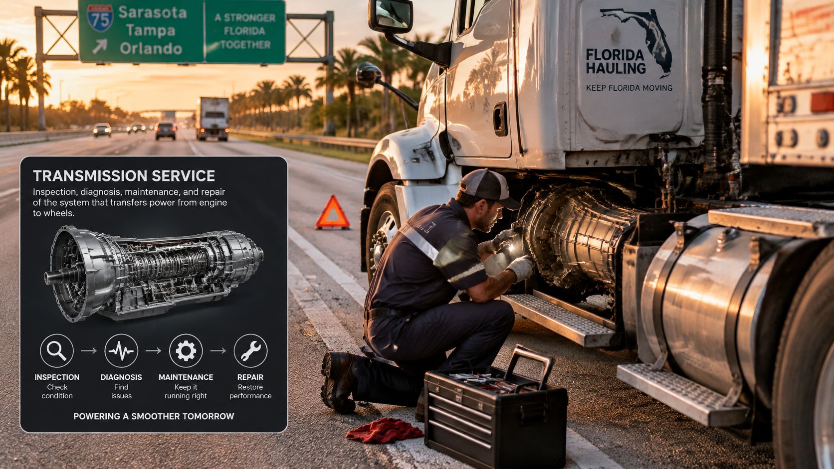 A professional mechanic performing transmission service on a broken down semi truck on a highway roadside.