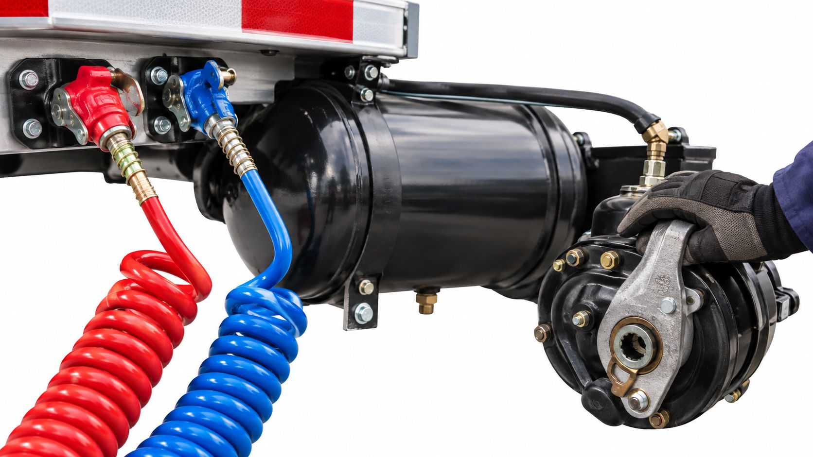 A gloved hand inspecting a truck brake slack adjuster component near a trailer air tank and hoses.