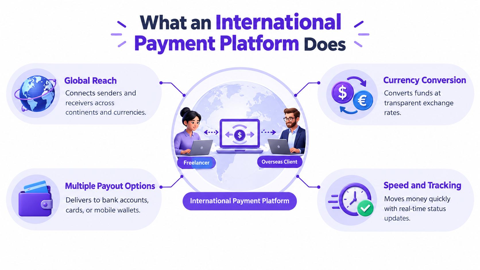 A diagram illustrating how an international payment platform connects freelancers and clients with fast global transactions.