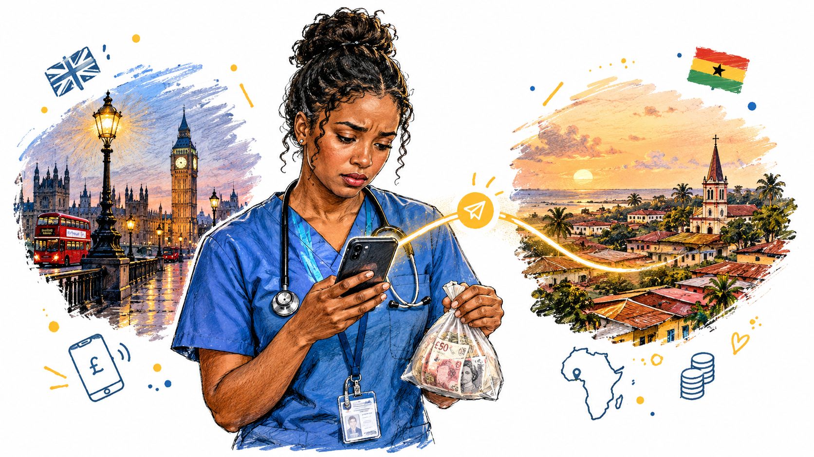 A concerned nurse in scrubs holding a phone and a bag of British pounds, sending money to Ghana.