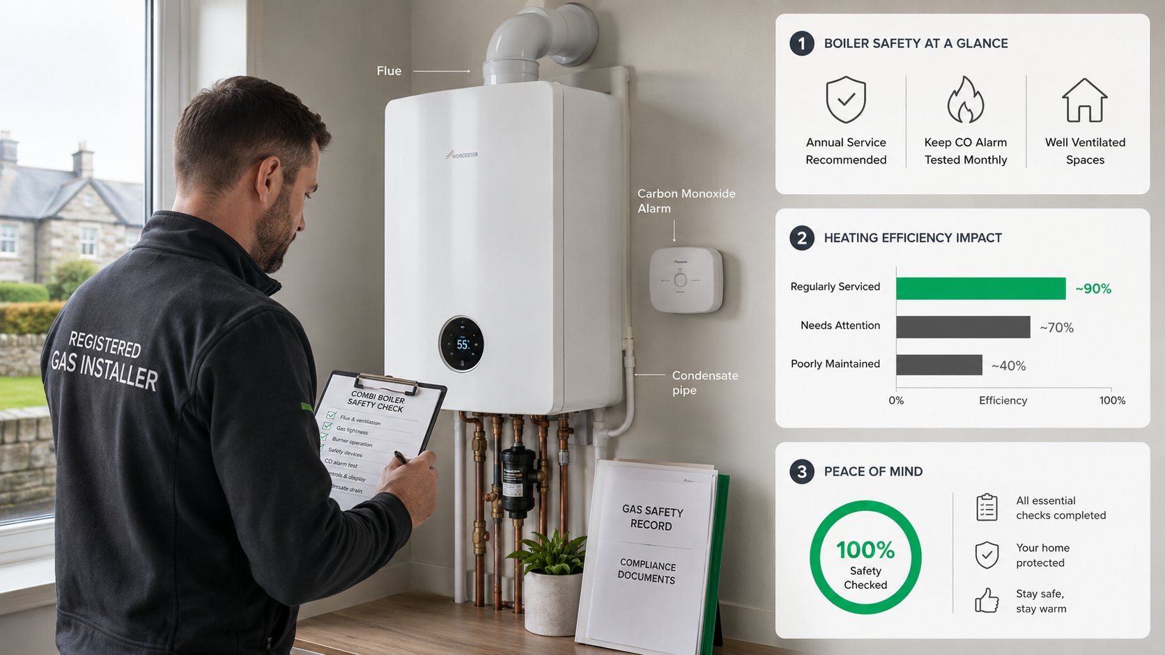 An informative scene focused on combi boiler safety in an Irish home, showing a modern wall-mounted combi boiler, visibl