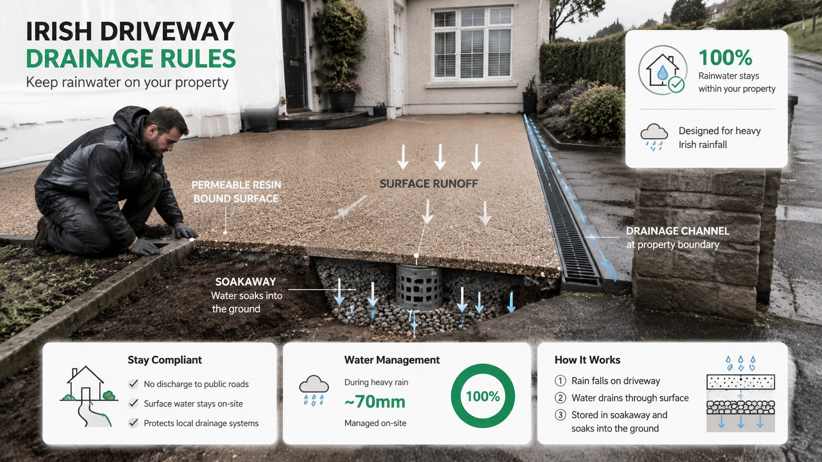 An infographic for Irish driveway drainage rules, showing a front garden driveway with permeable resin bound surfacing, 