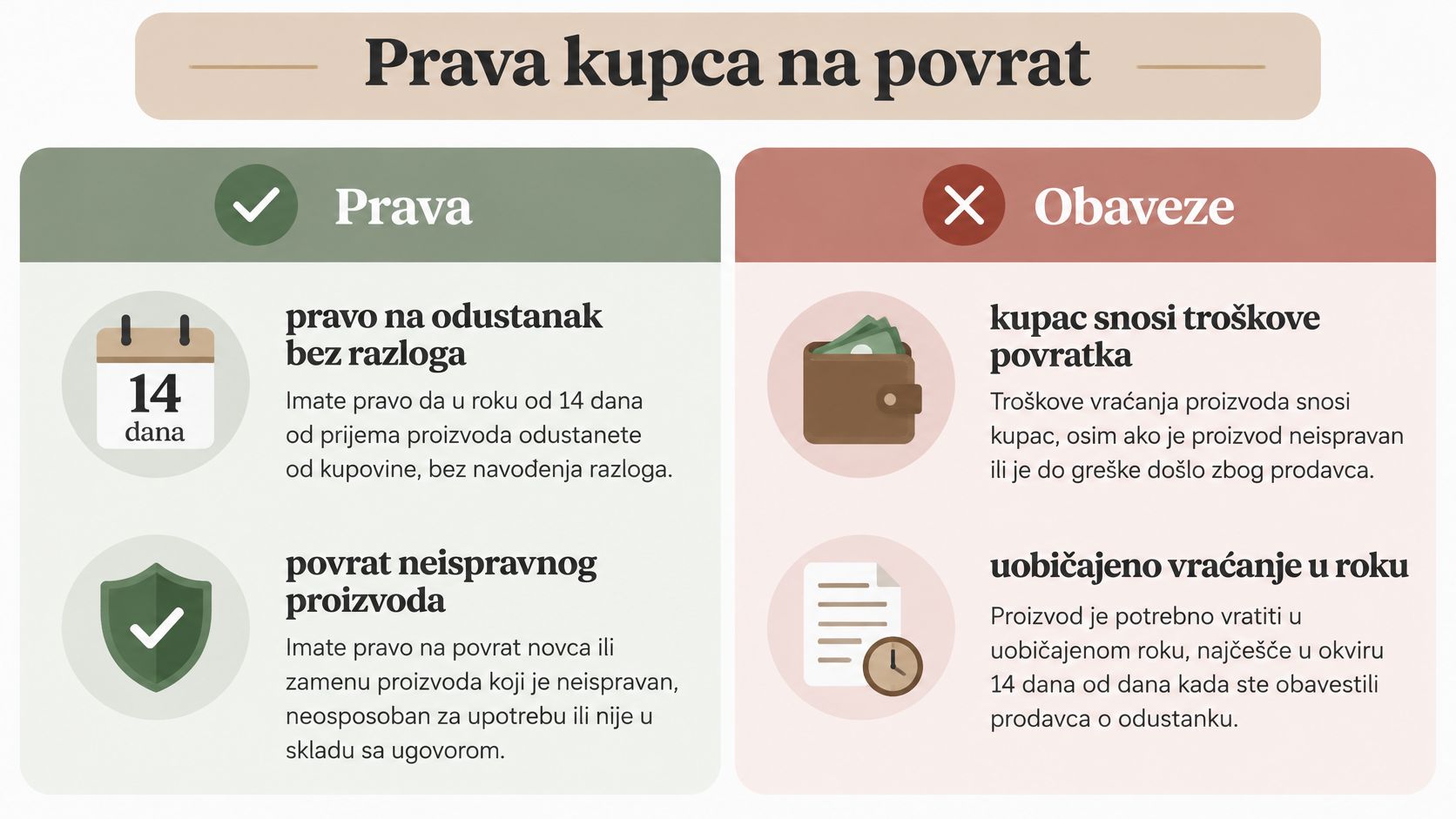 Infografika koja objašnjava prava kupca na povrat proizvoda, uključujući rok od 14 dana i obaveze kupca.
