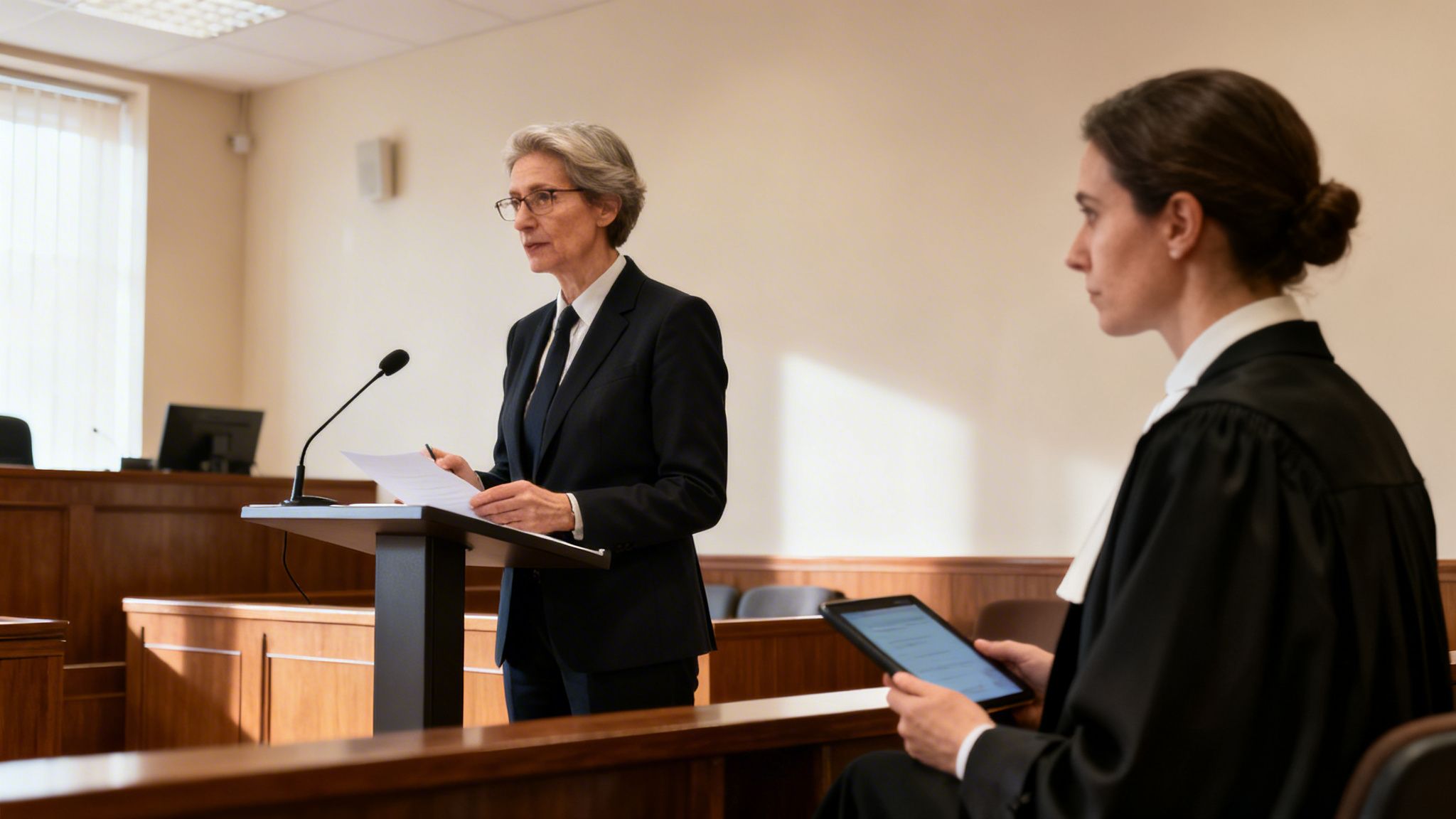 An expert witness speaks at a courtroom podium, while a lawyer listens attentively with a tablet.