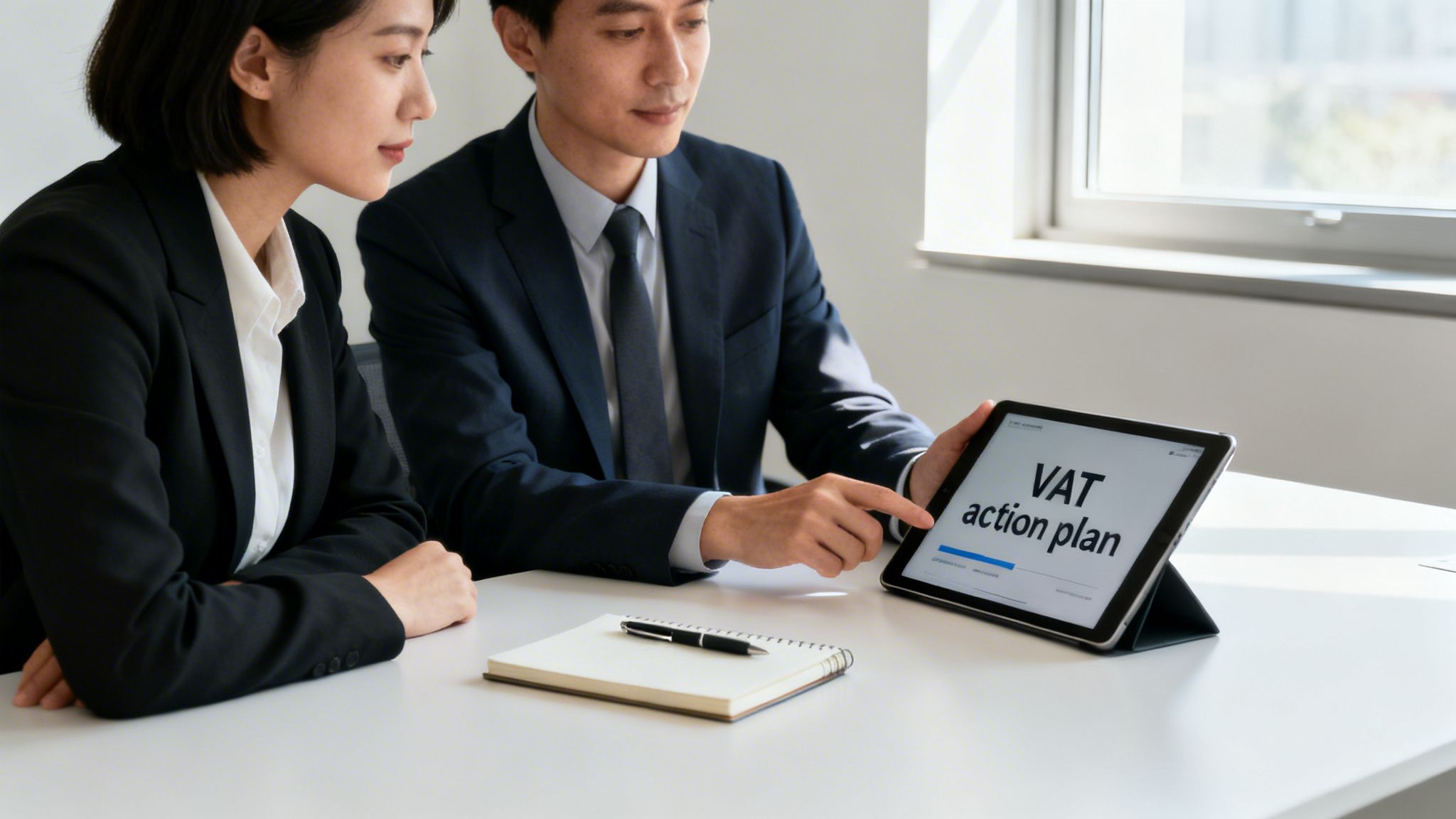 Two business professionals discuss a VAT action plan on a tablet, focusing on financial strategy.
