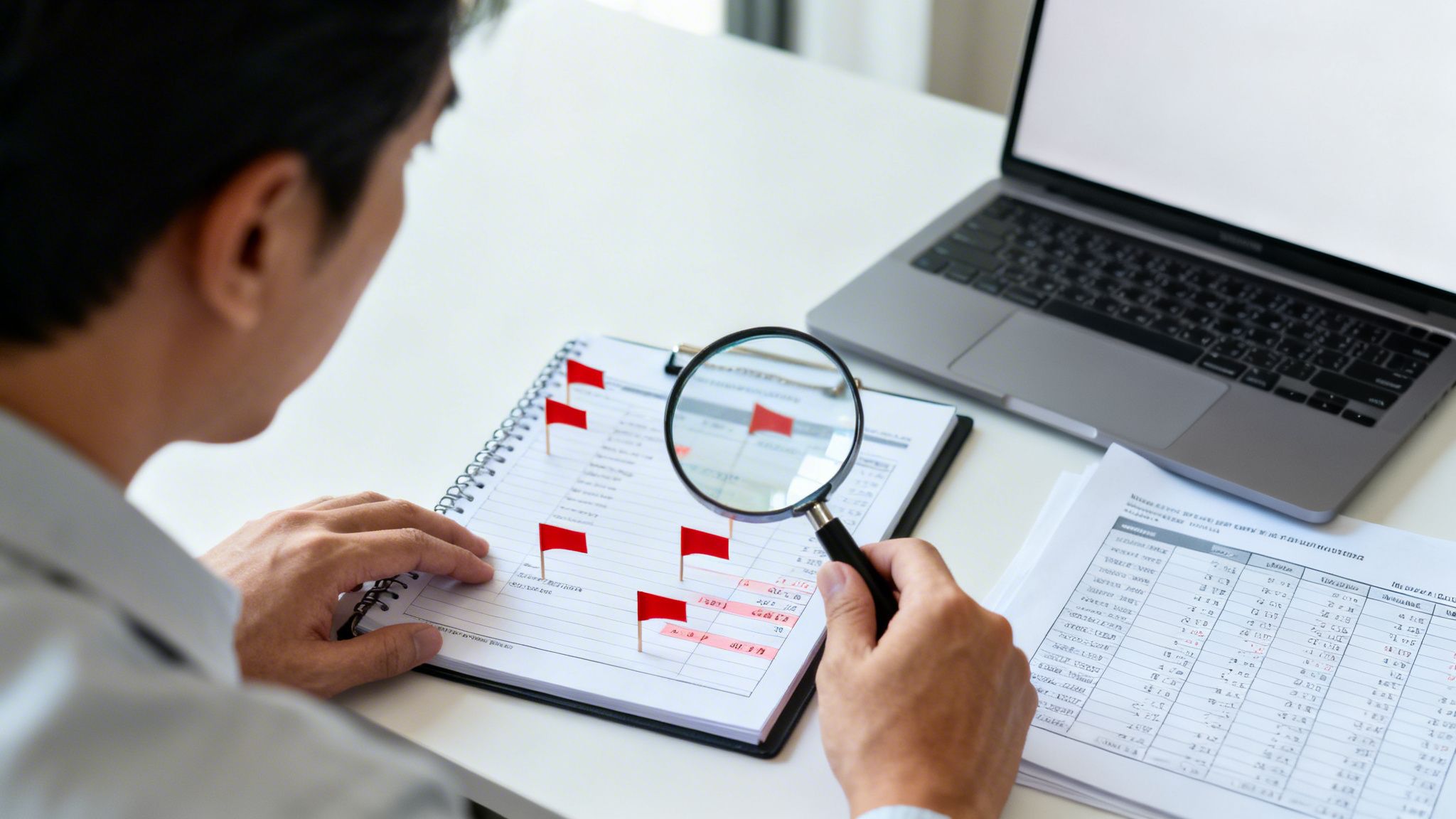 Close-up of a person using a magnifying glass to examine documents marked with red flag pins.