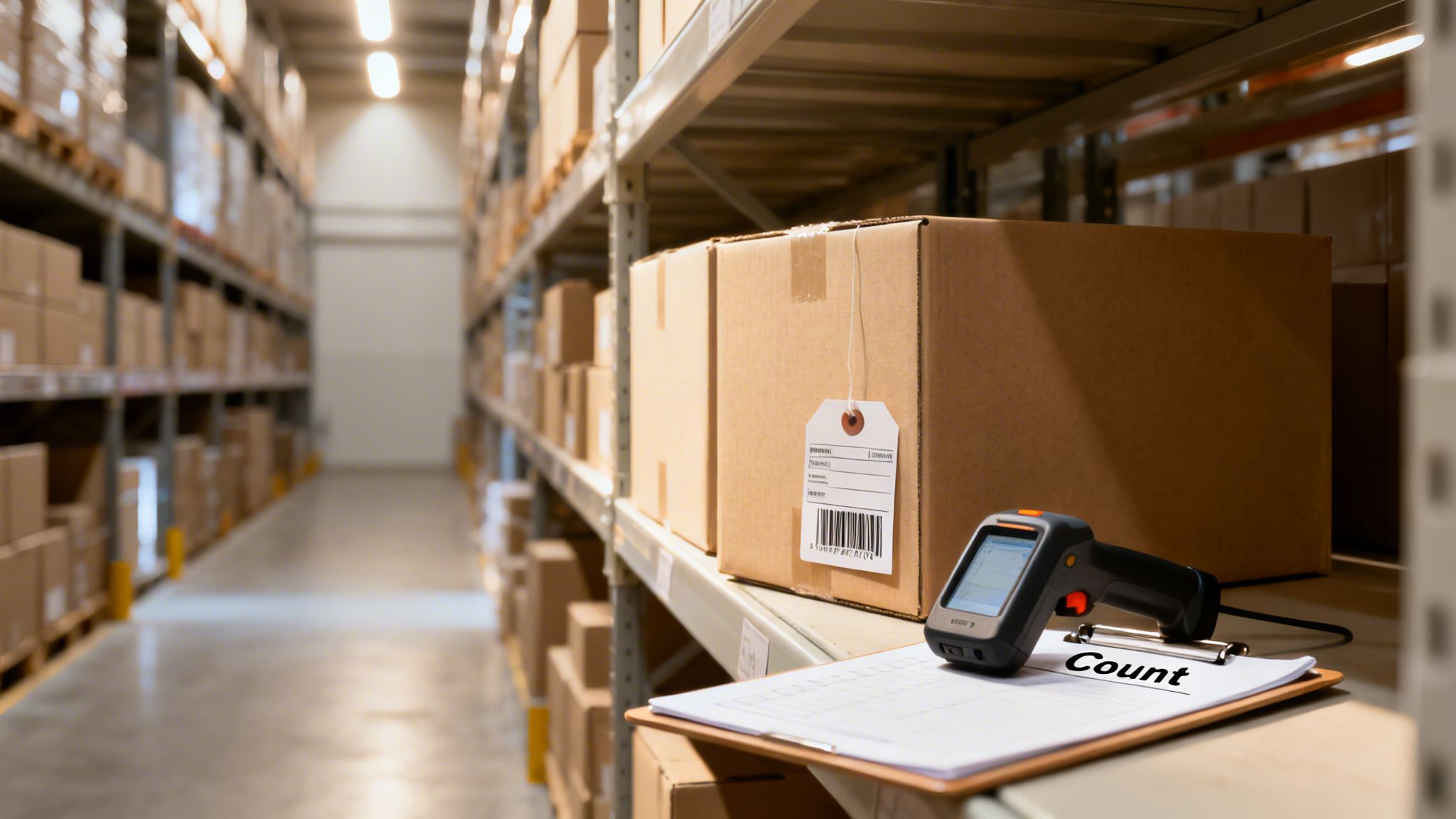 Stocktaking in a warehouse, featuring a barcode scanner on a clipboard near a tagged box on a shelf.