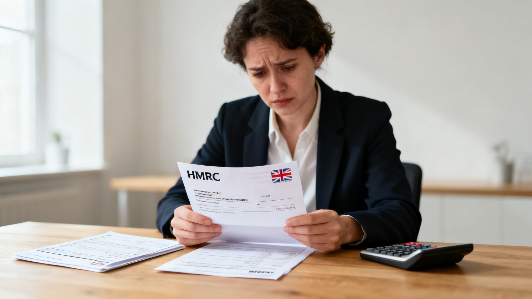 A distressed woman in a suit holds an HMRC tax letter, with papers and a calculator on her desk.