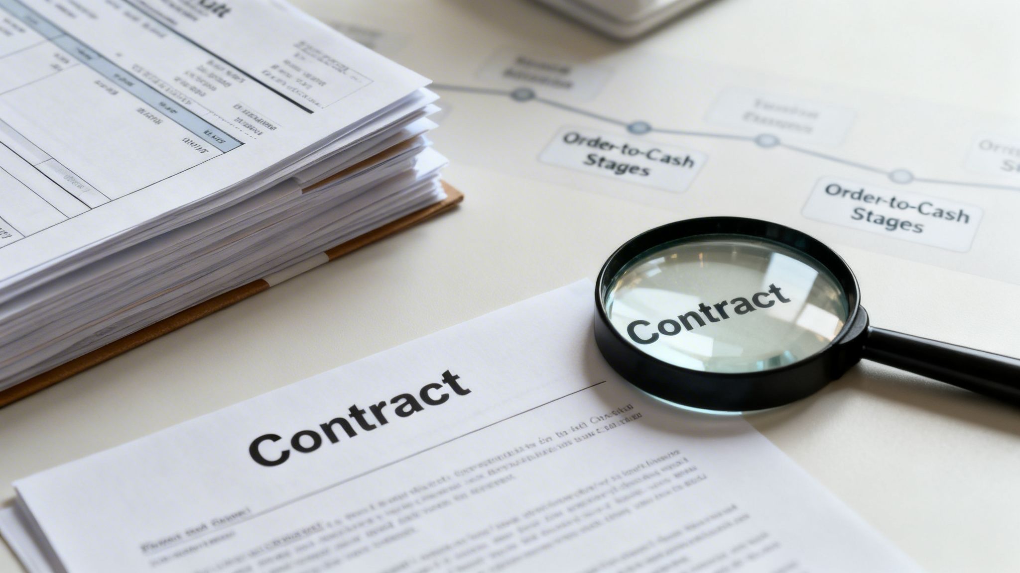 A magnifying glass rests on a contract document, highlighting the word 'Contract,' amidst a stack of papers and business process diagrams.