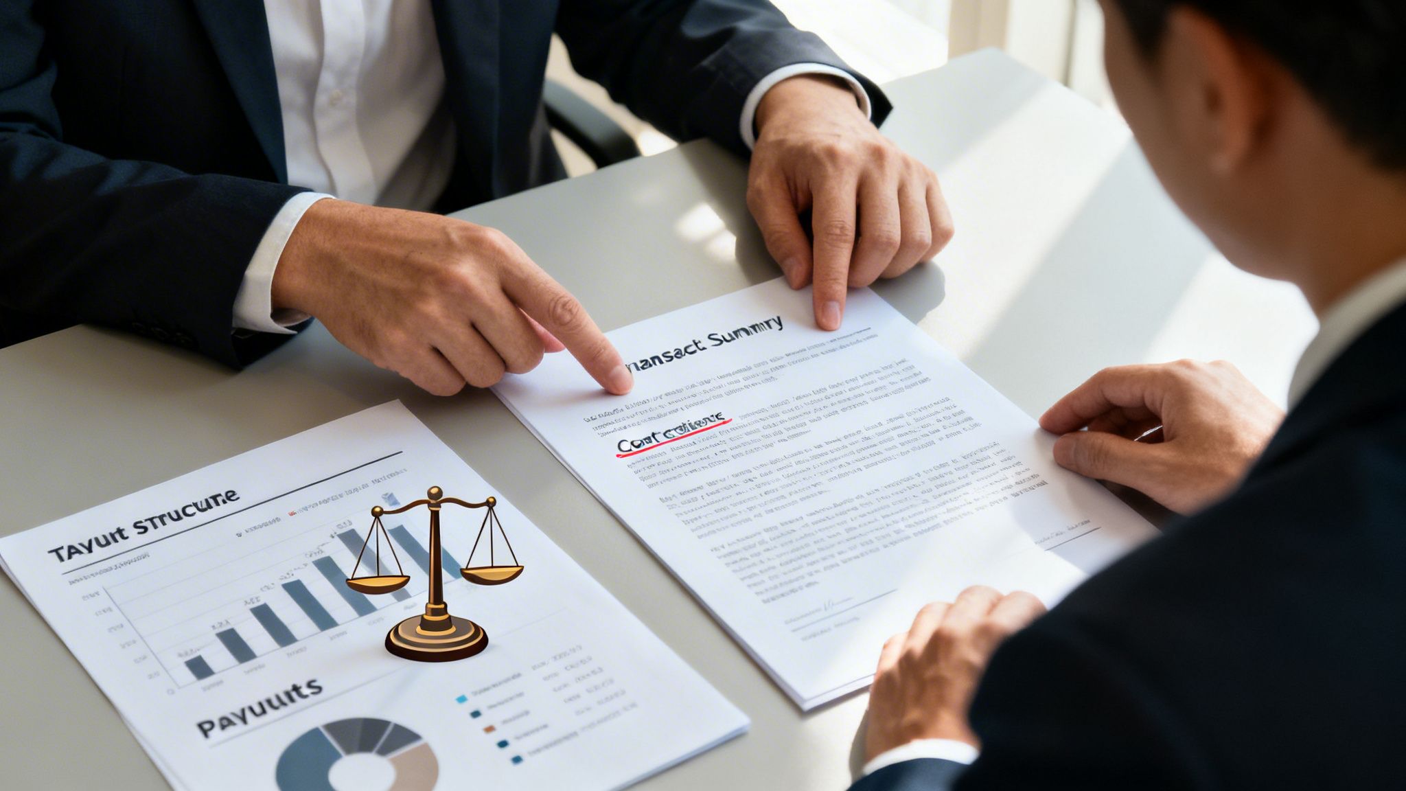 Two professionals discuss financial documents, pointing at 'Cost of revenue' with a scale of justice.