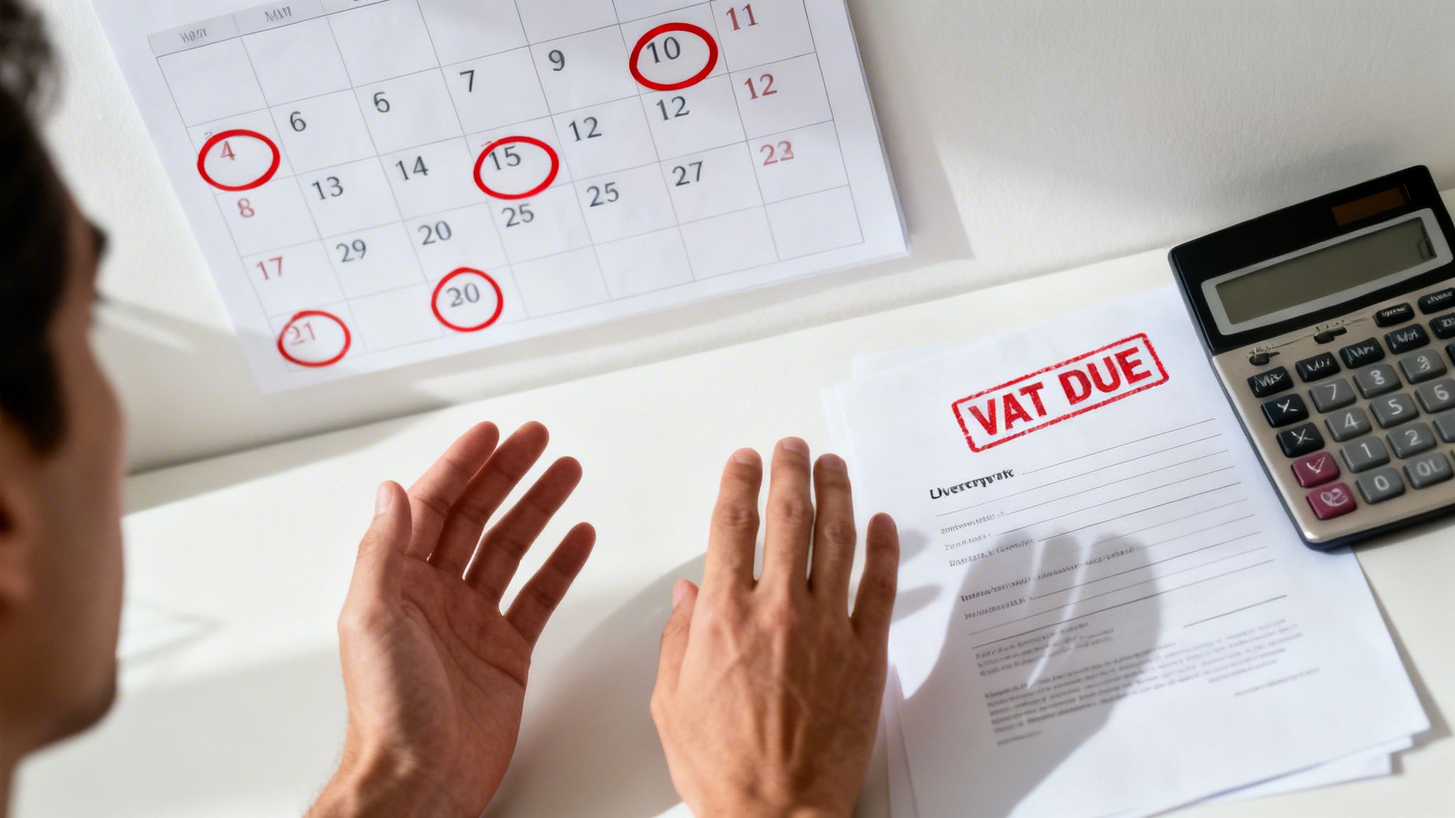 A person looking at a calendar with circled dates, VAT DUE papers, and a calculator, indicating tax deadlines.
