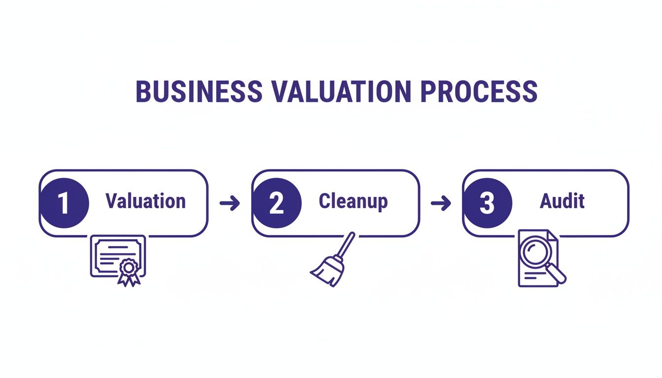 Diagram illustrating the three-step business valuation process: Valuation, Cleanup, and Audit.