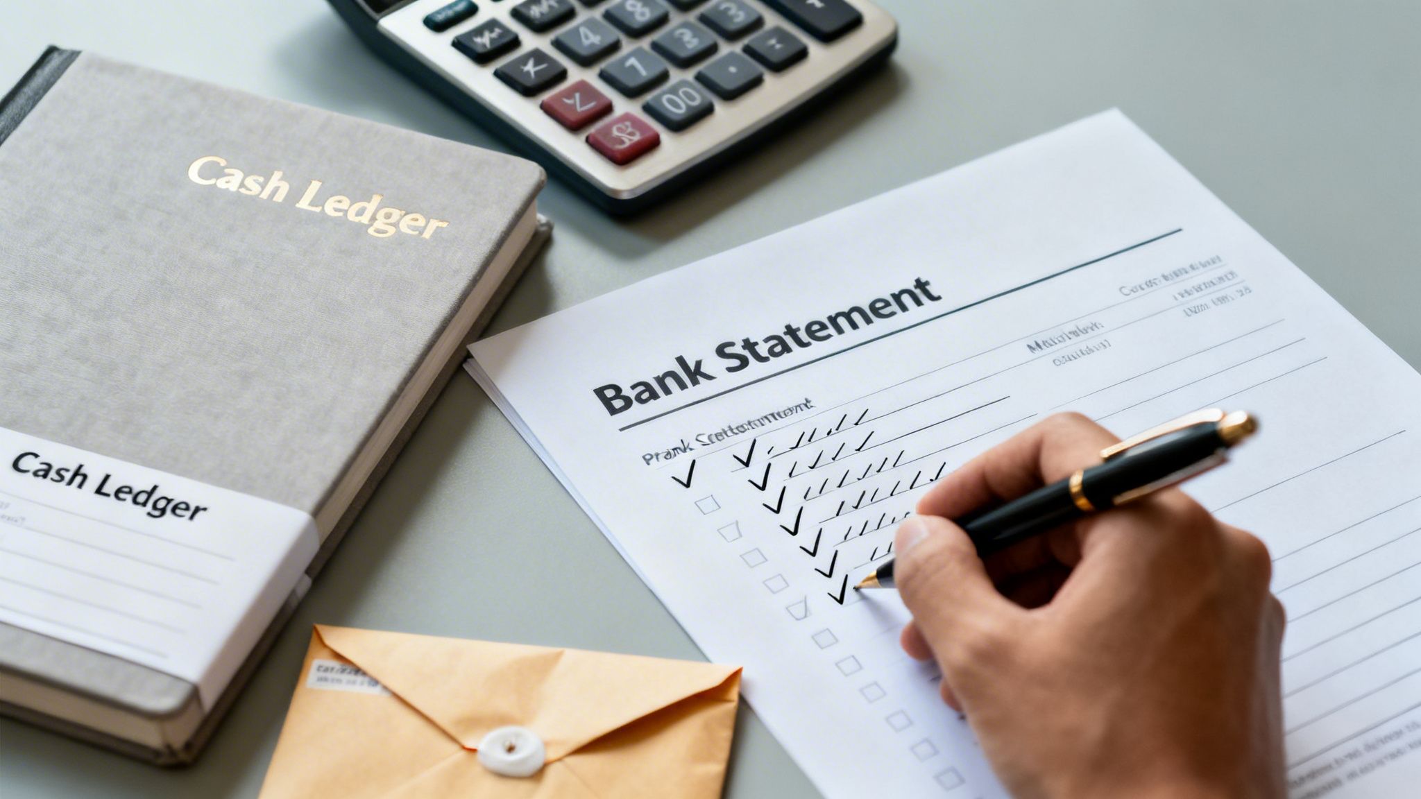 A hand uses a pen to check items on a bank statement, with cash ledgers and a calculator nearby.