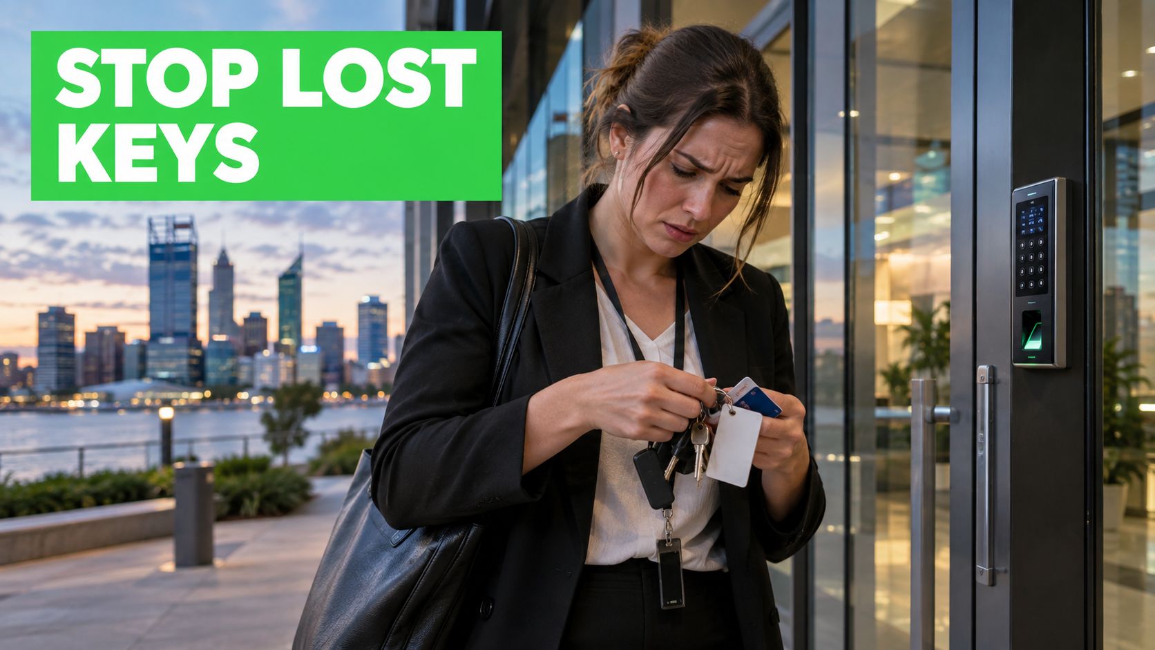 A businesswoman frustratedly searching for keys outside an office entrance with a biometric access control system.