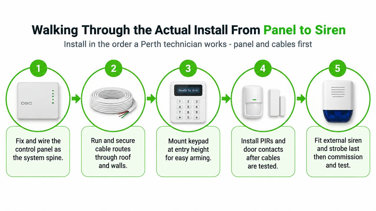 A step-by-step instructional infographic showing the installation process of a residential alarm system from panel to siren.