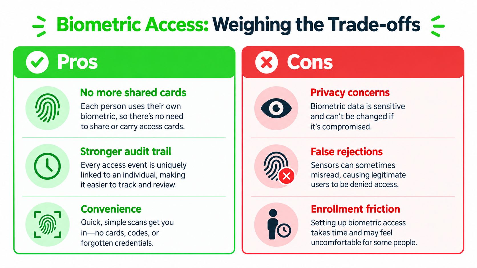 A pros and cons infographic comparing the benefits and drawbacks of using biometric systems for access control.