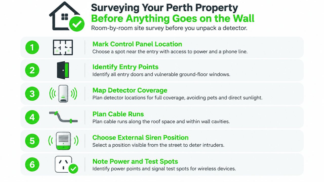 A six-step guide for surveying a Perth property before installing a professional home security alarm system.