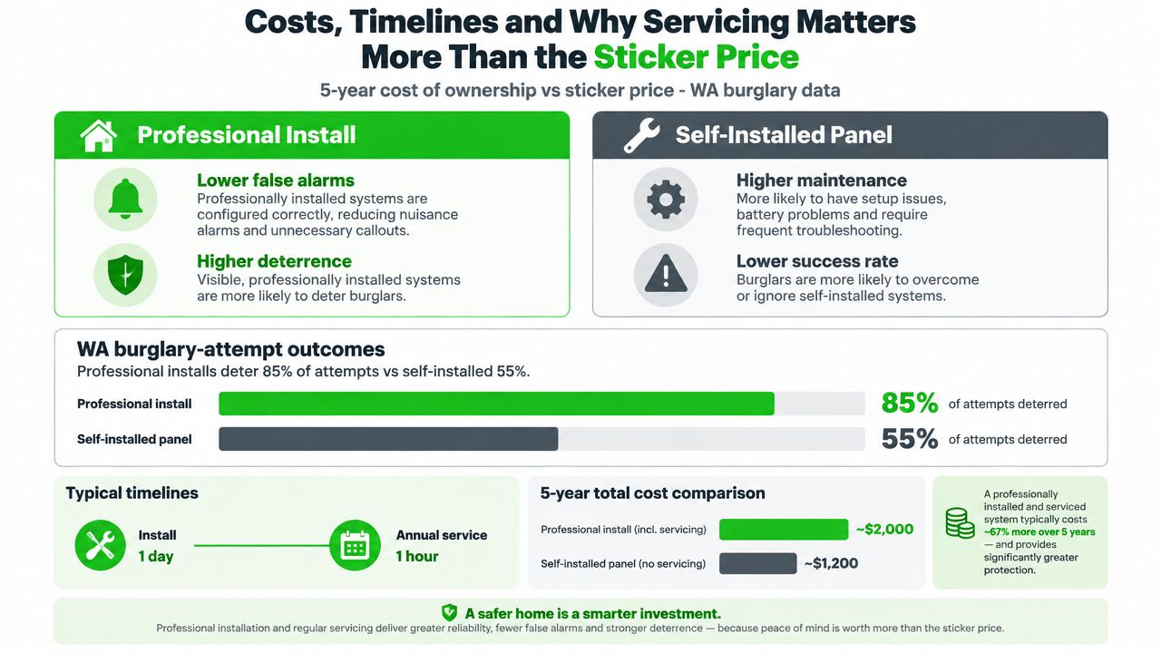 An infographic comparing costs, timelines, and effectiveness of professional versus self-installed home security alarm systems.