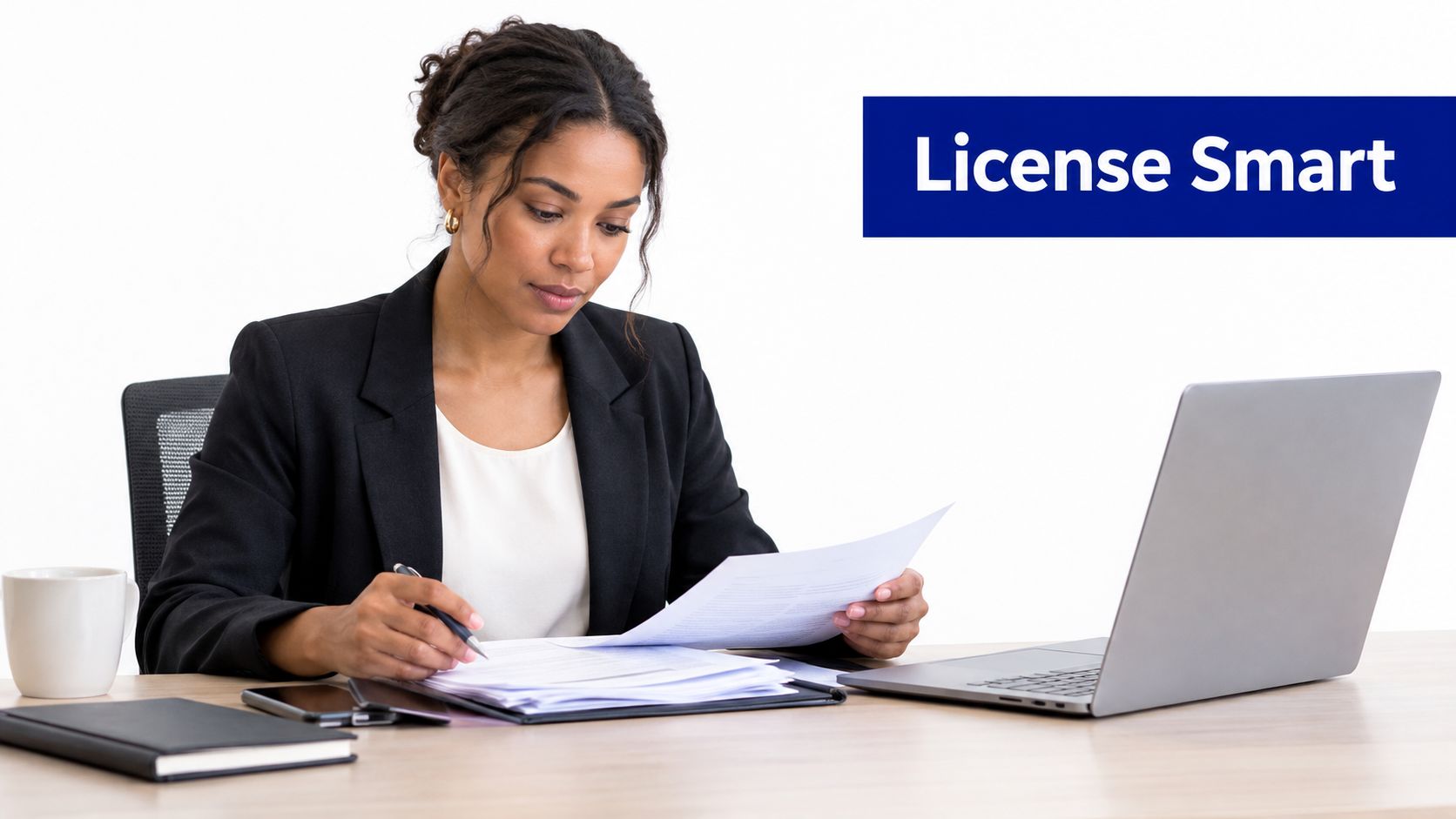 A professional woman working at a desk with a laptop and documents, labeled License Smart.