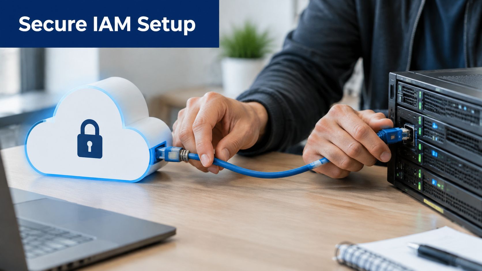 A person connecting a blue network cable between a cloud icon and a physical server rack.