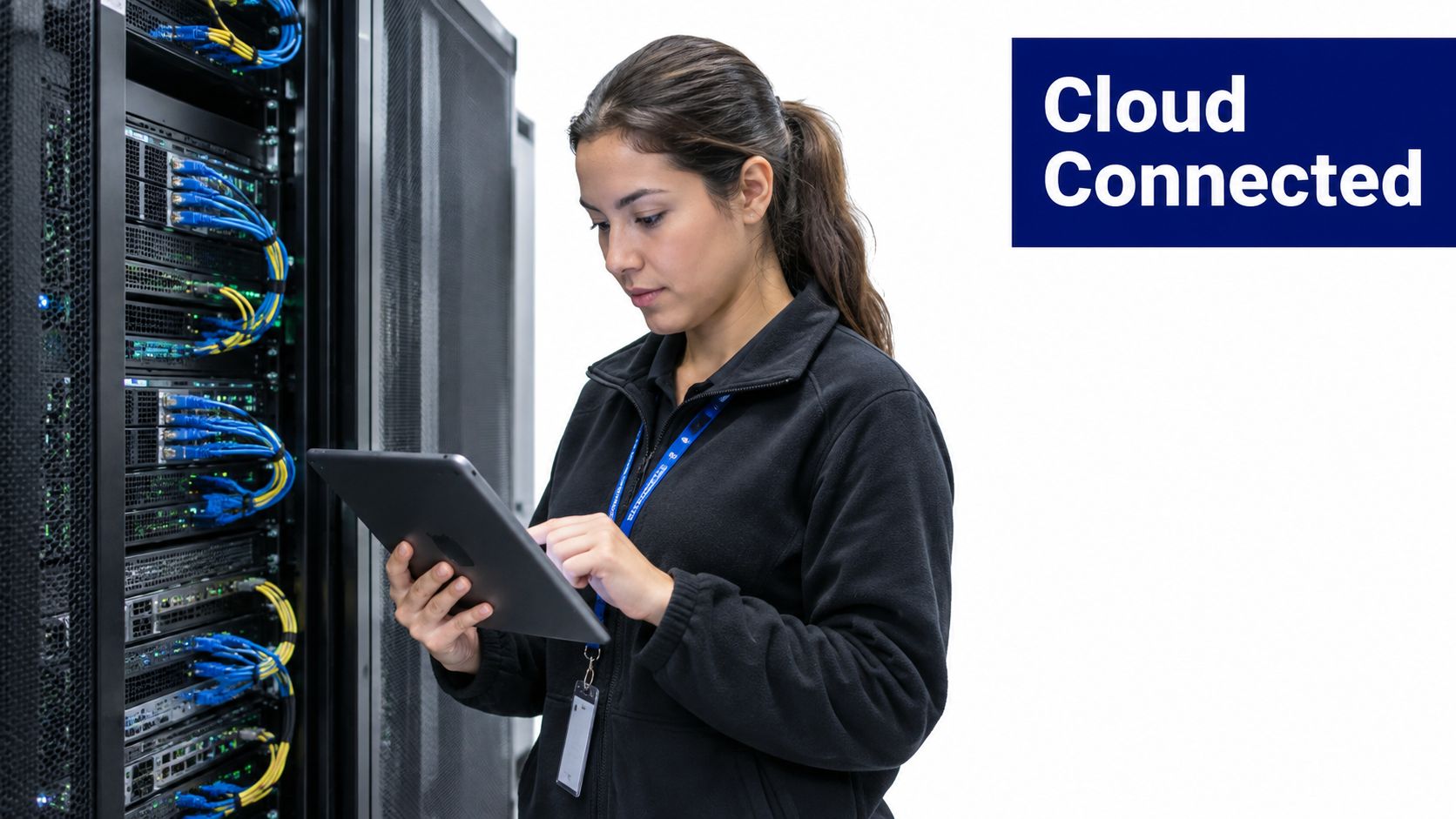 A technician using a tablet to monitor server rack equipment in a data center environment.