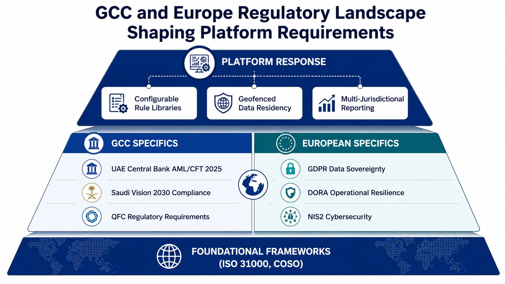 A diagram illustrating how regulatory requirements in the GCC and Europe shape a compliance platform's architecture.