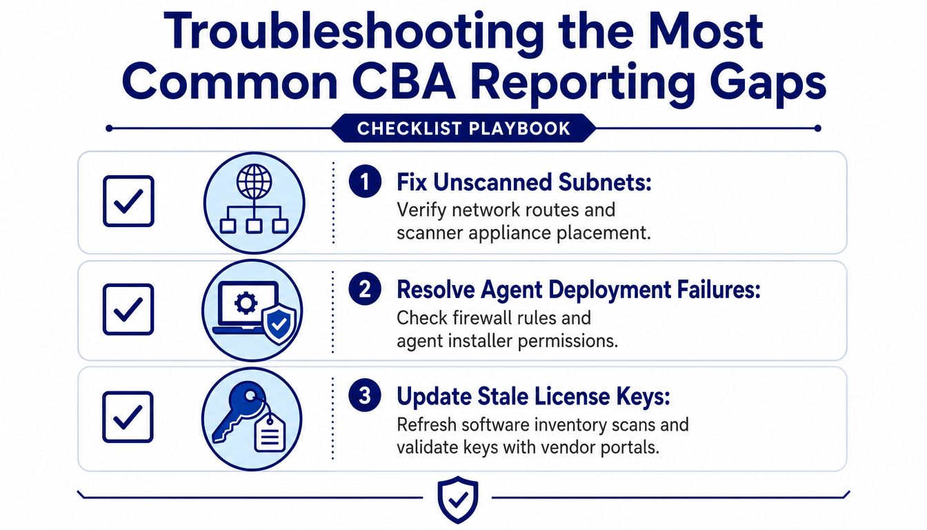 A checklist infographic titled Troubleshooting the Most Common CBA Reporting Gaps with three numbered actionable steps.