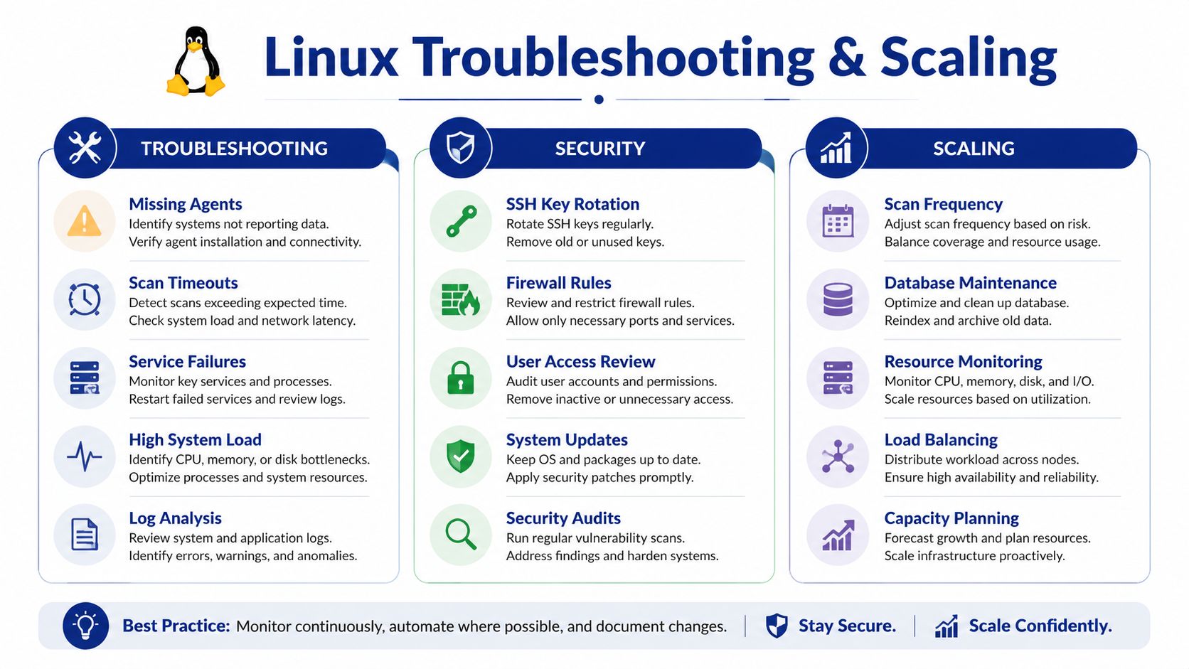 A structured infographic titled Linux Troubleshooting and Scaling, detailing best practices for system monitoring, security, and infrastructure management.