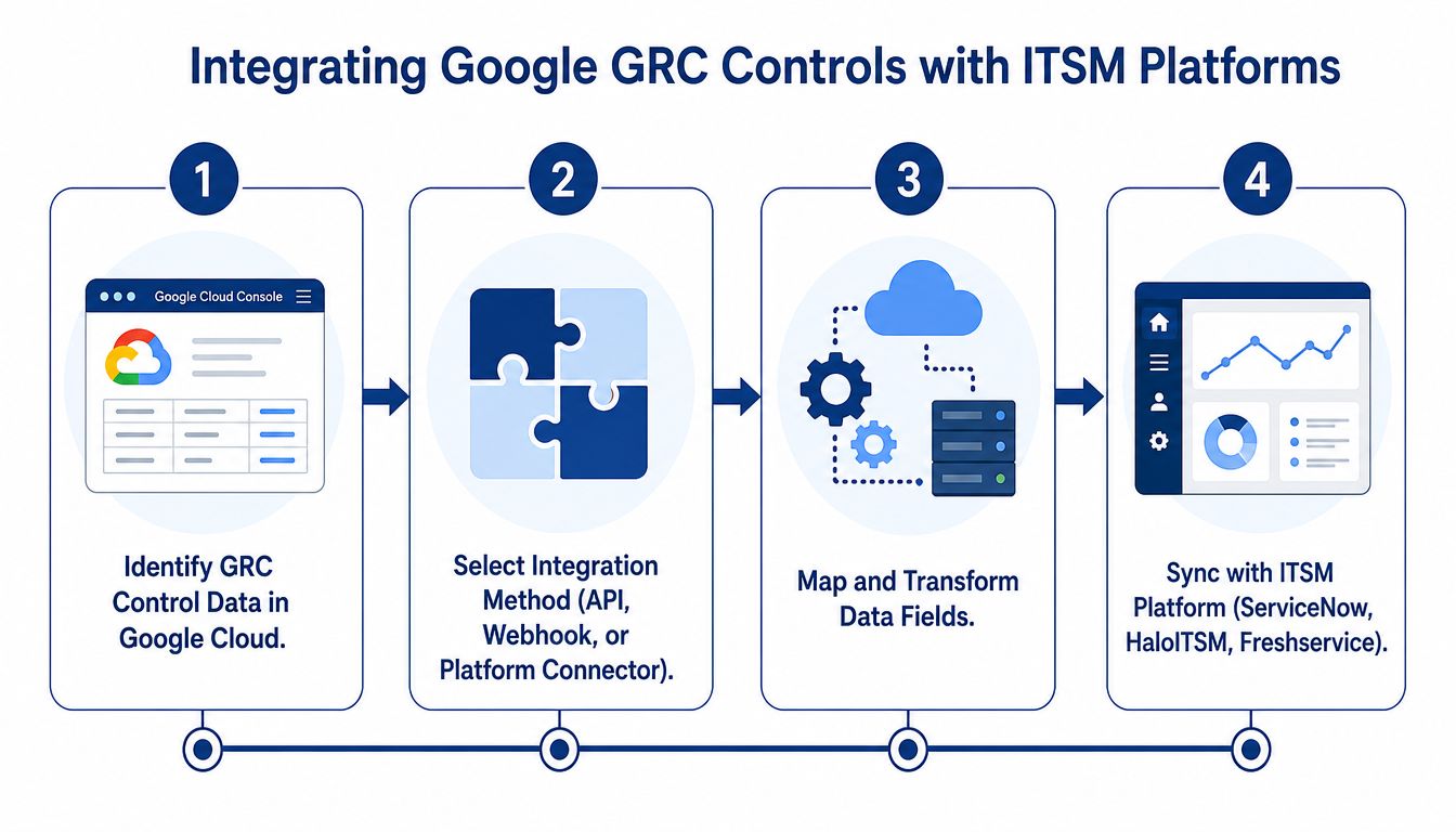 A four-step infographic illustrating the process of integrating Google Cloud GRC controls with ITSM platforms.
