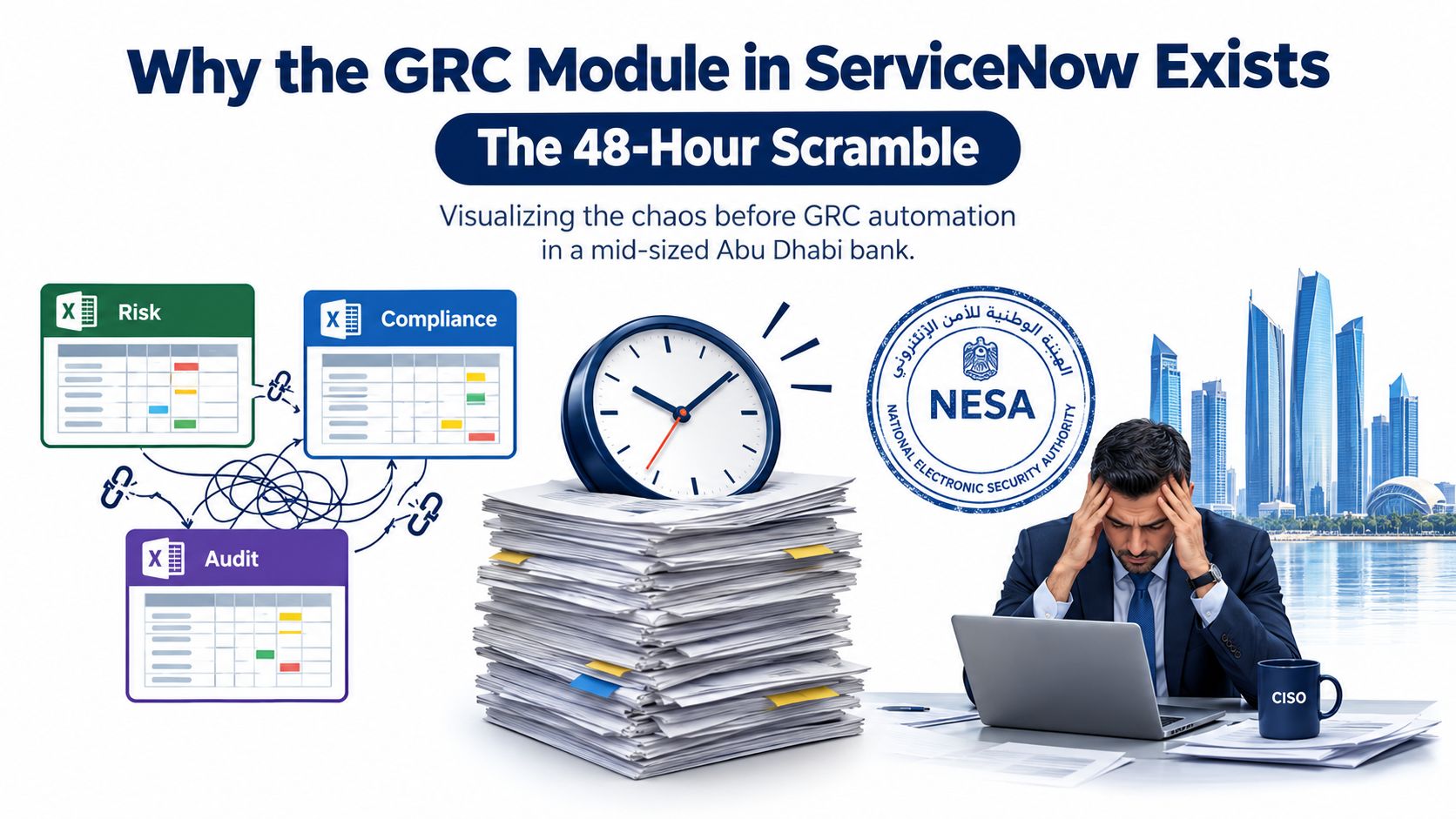 A stressed CISO sitting at a laptop desk, overwhelmed by chaotic spreadsheets and piles of paperwork.