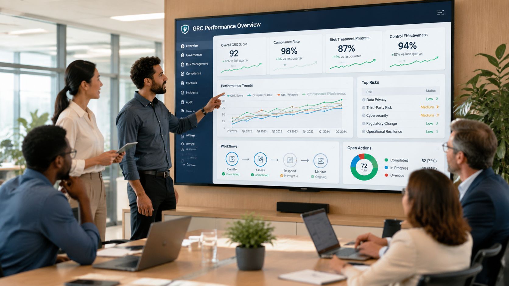 A professional team in a conference room reviewing GRC performance dashboards on a large wall screen.