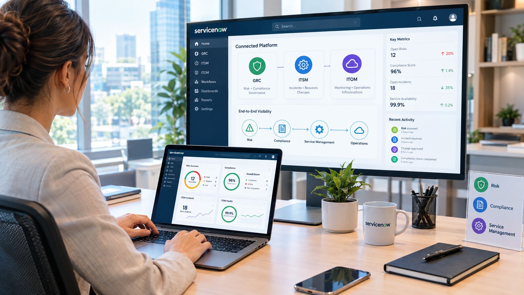 A professional working on a laptop with ServiceNow dashboards displayed on both a monitor and the laptop screen.
