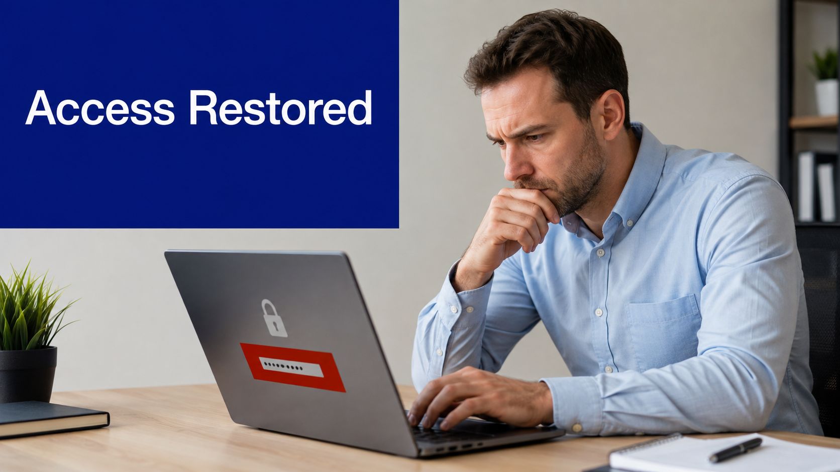A focused professional sitting at a desk and typing on a laptop with a secure login screen.