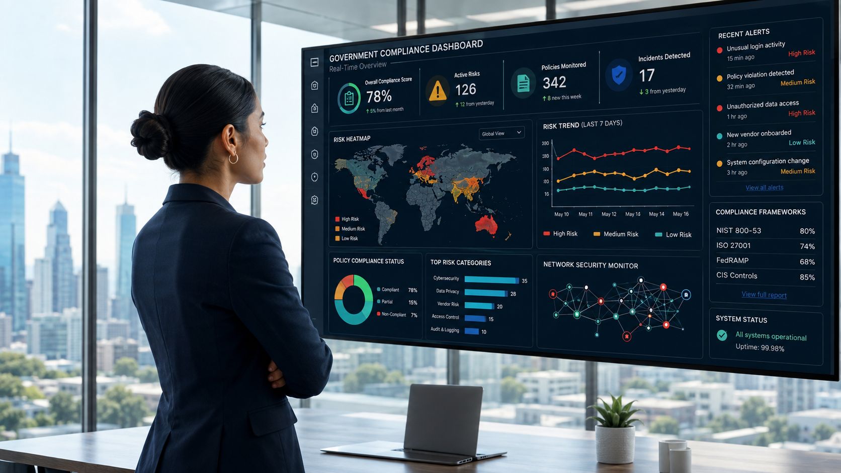 A professional businesswoman looking at a large wall monitor displaying a government compliance risk dashboard.