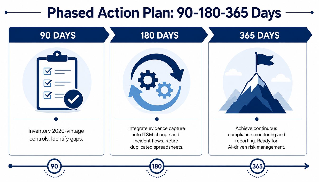 A three-phase action plan infographic illustrating steps to achieve GRC compliance over 90, 180, and 365 days.