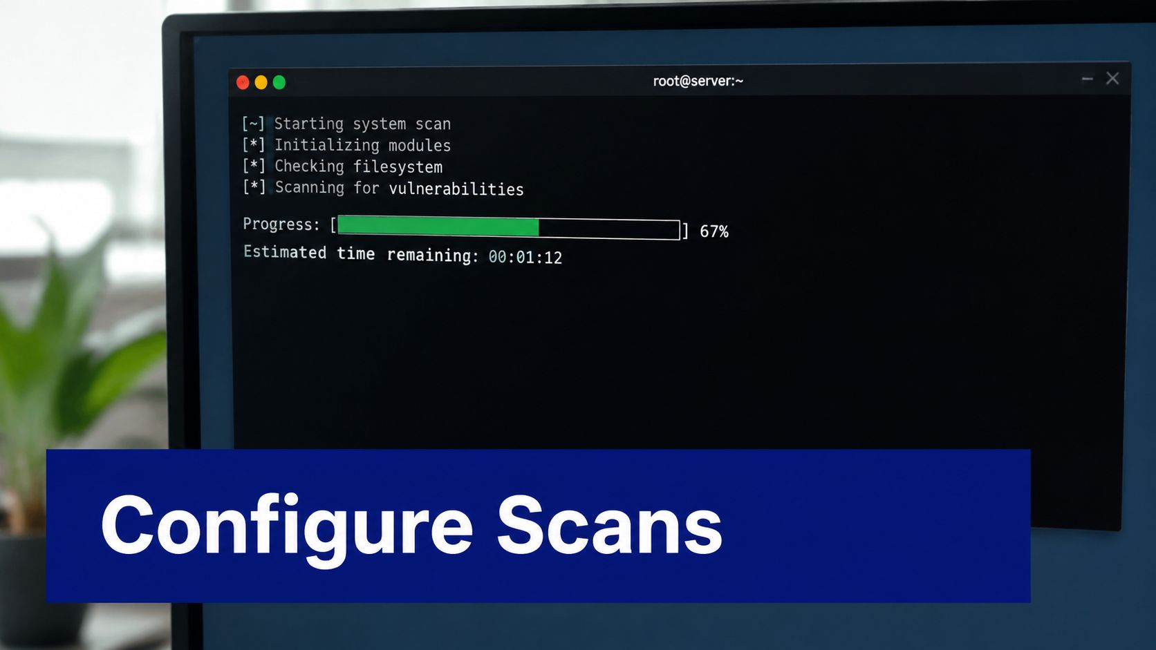 A computer screen displaying a terminal interface with a 67 percent complete system vulnerability scan progress bar.