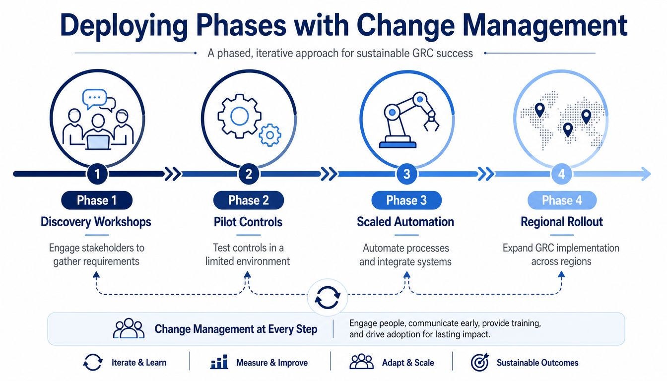 A four-phase GRC implementation roadmap featuring change management strategies to ensure sustainable success and process improvement.