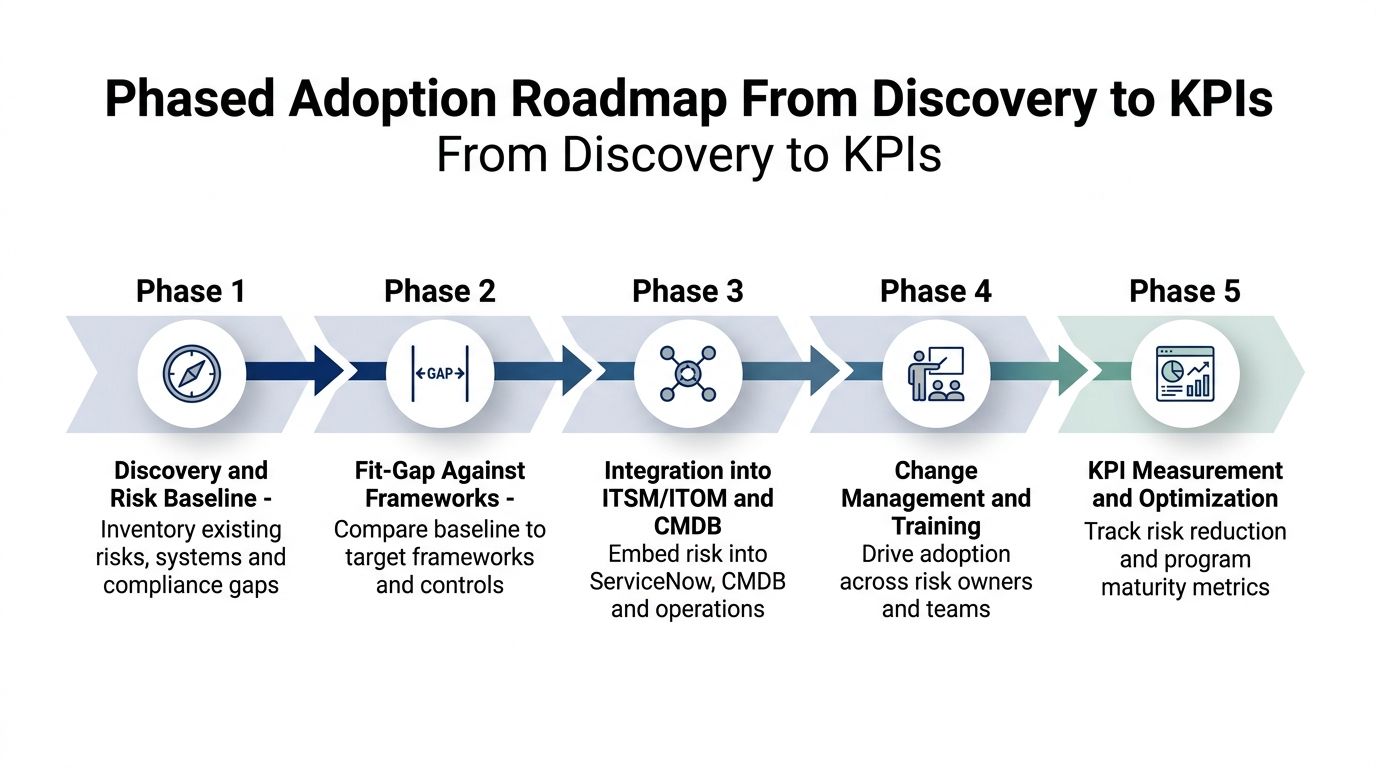 A five-phase adoption roadmap for integrated risk management, progressing from discovery to KPI measurement and optimization.