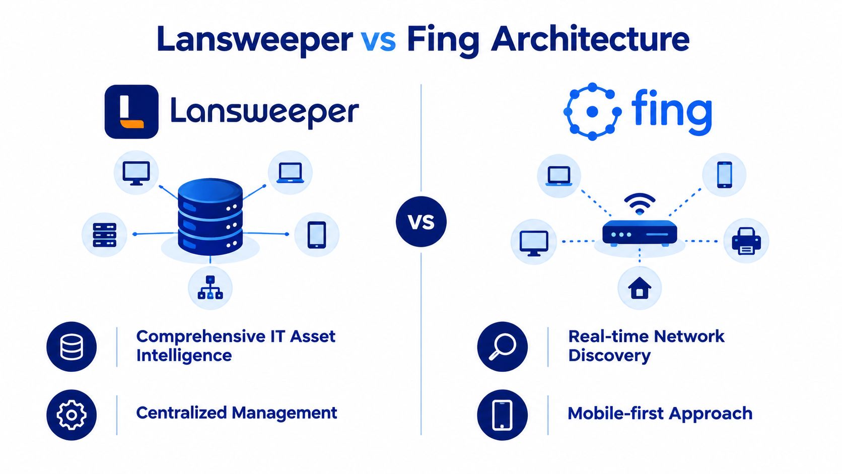 A comparative infographic showing the architectural differences between Lansweeper for asset management and Fing for network discovery.