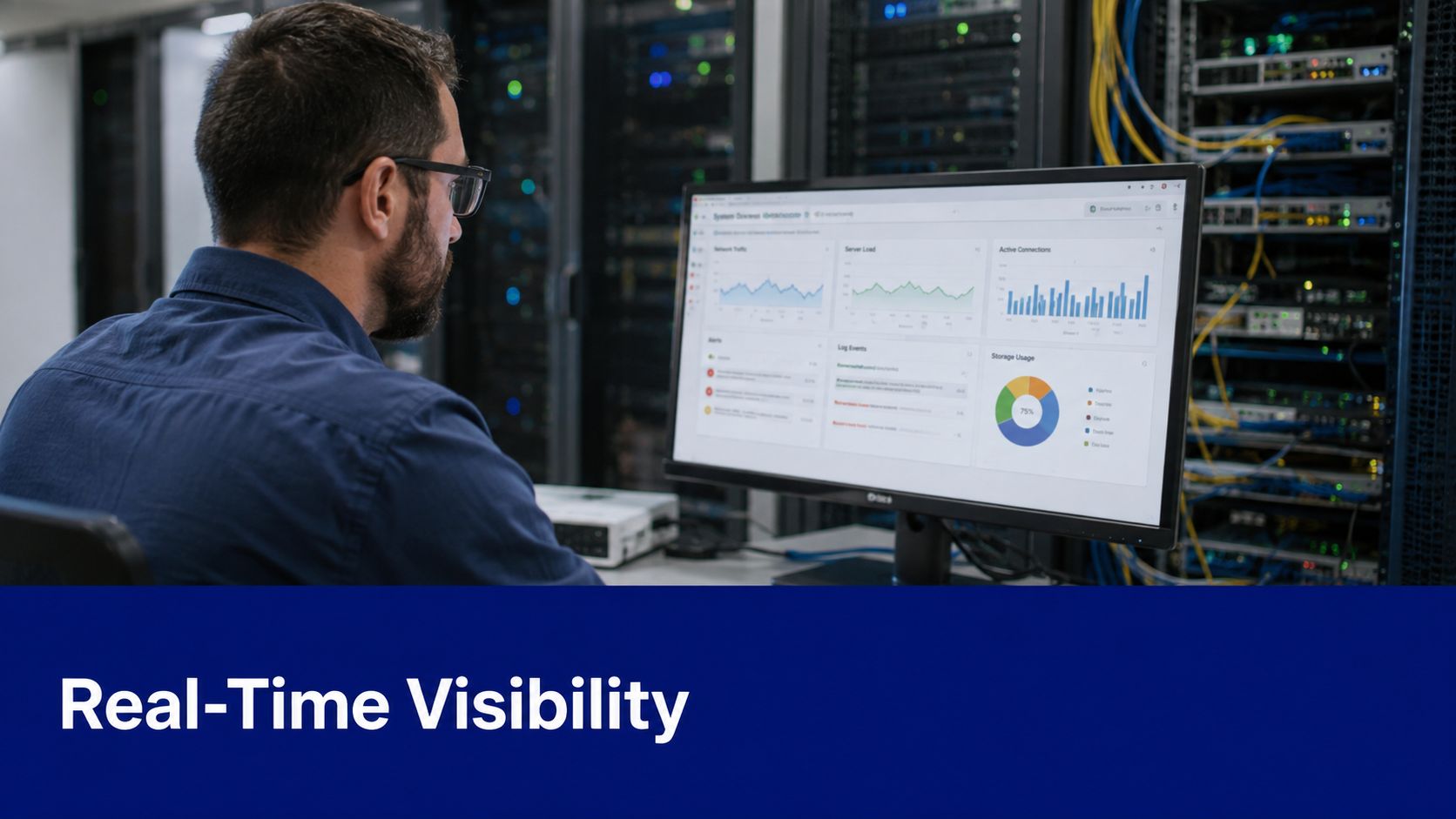An IT technician monitors server performance metrics and network data on a dashboard in a server room.