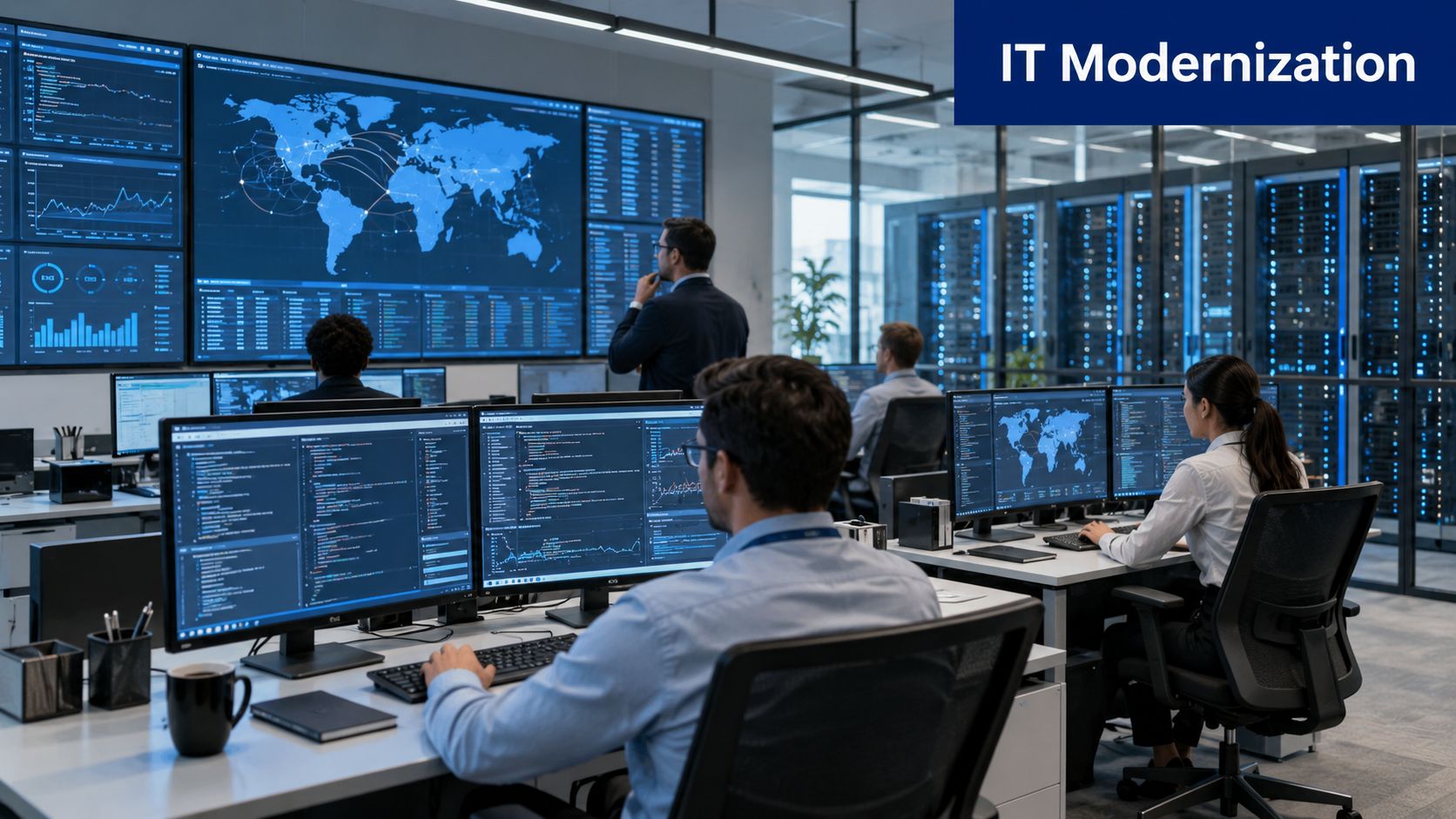 A professional team of IT specialists working in a modern, high-tech server room with monitoring screens.