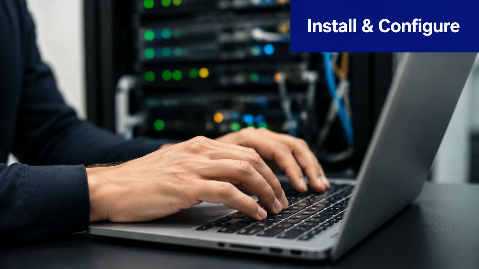 An IT technician configuring server systems on a laptop in a data center environment.
