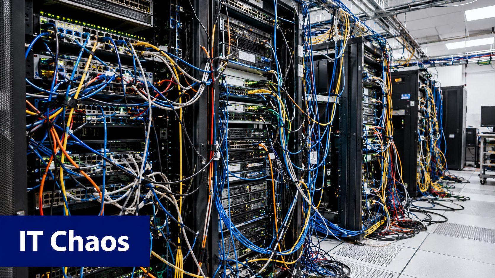 A data center server room with disorganized, tangled network cables hanging messily between server equipment racks.