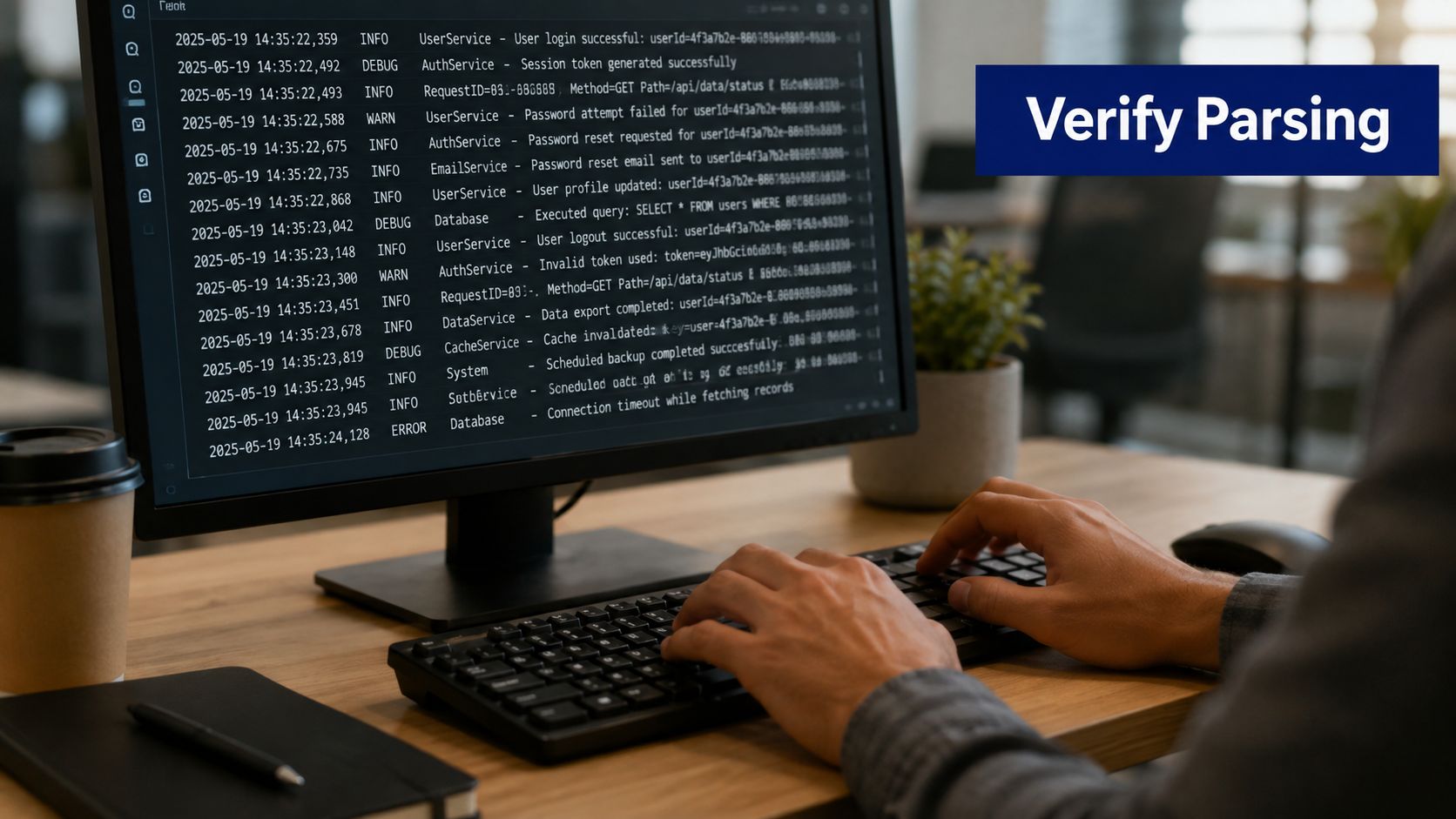 A software developer monitoring system logs and error codes on a computer screen in a modern office.