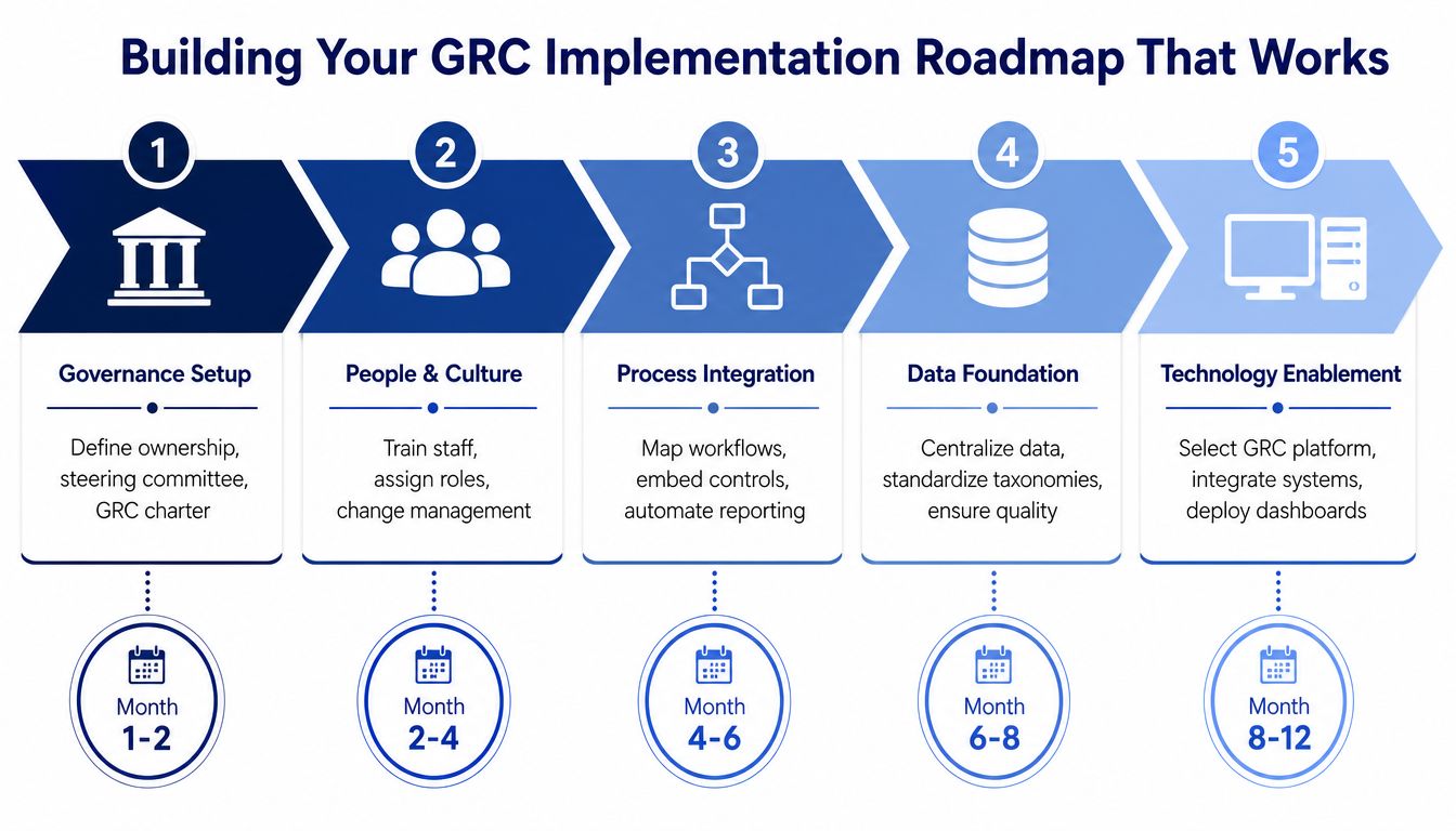 A five-step GRC implementation roadmap infographic showing stages from governance setup to technology enablement over 12 months.