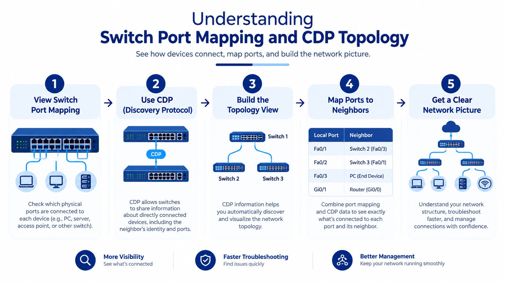 An infographic showing the five steps to map Cisco switch ports and visualize network topology using CDP.