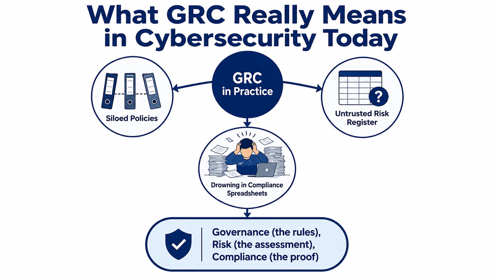 A diagram illustrating GRC in cybersecurity, showing problems like siloed policies and spreadsheet overload.