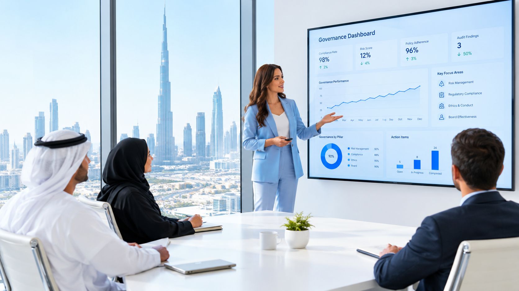 A professional business meeting with a woman presenting a governance dashboard to colleagues in a modern office.