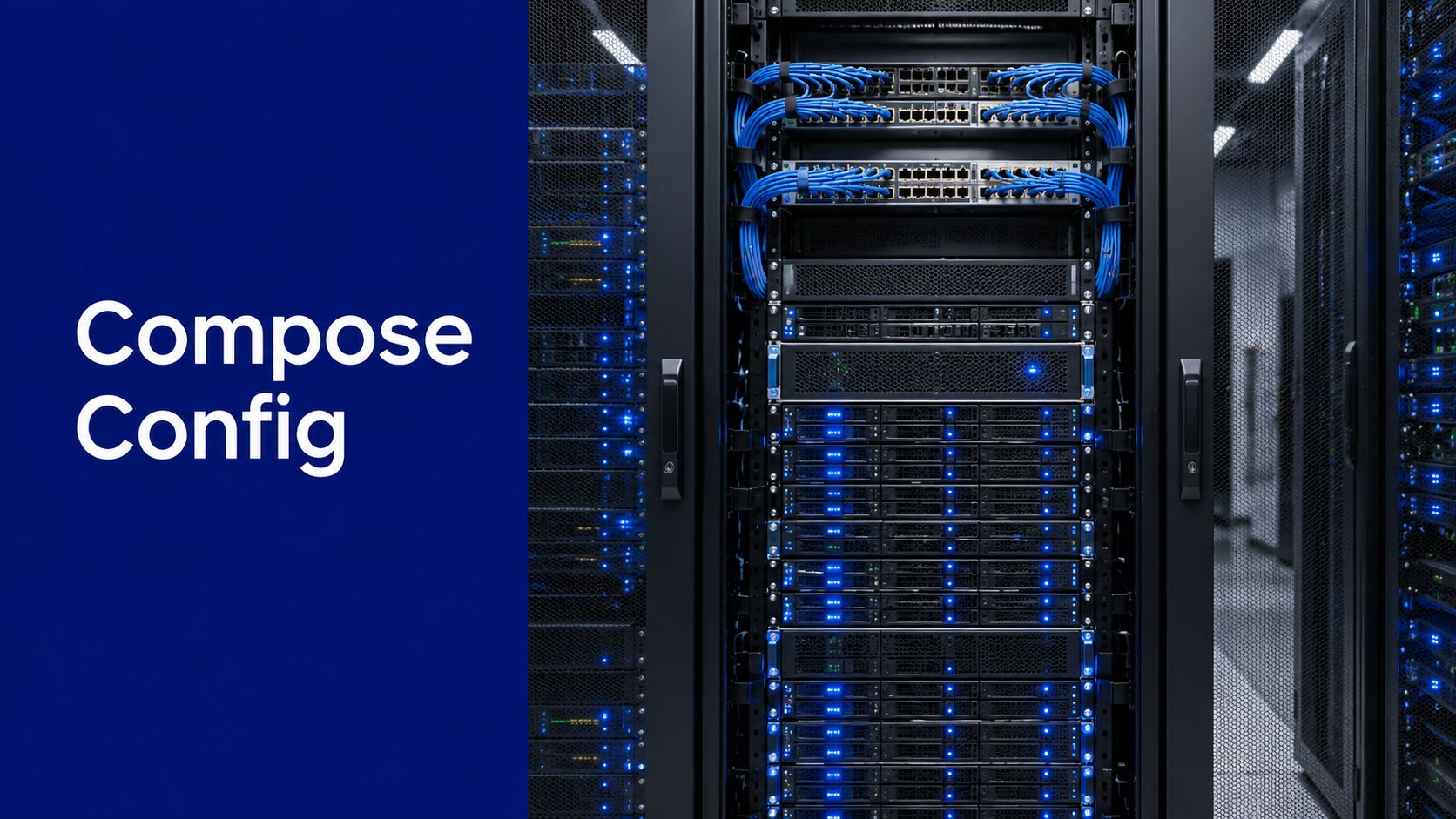 A data center server rack with blue network cables and glowing status lights against a dark background.